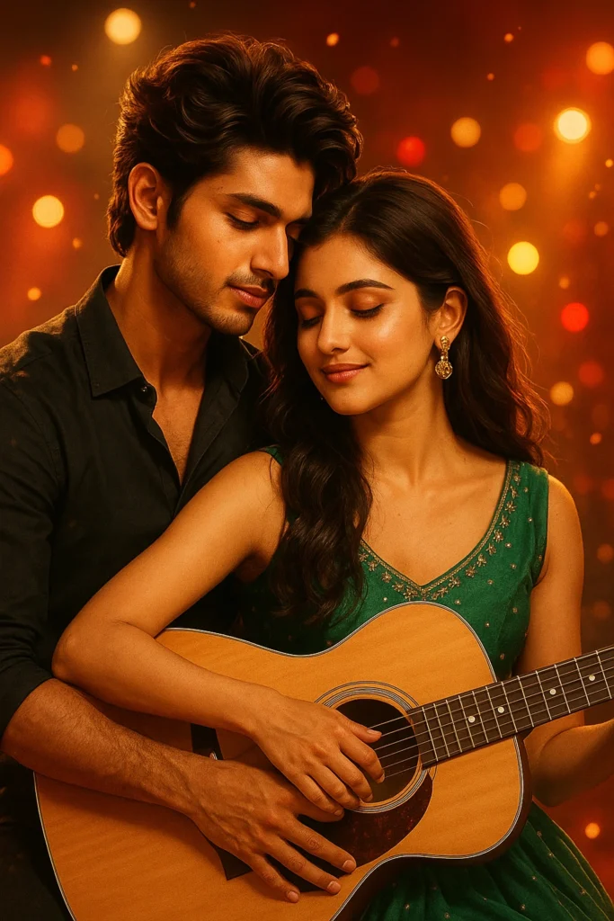 Two young adults, a male and a female, are presented in a medium shot, positioned closely together with a guitar. The male, featured in a black shirt, stands behind the female, his eyes are closed and his head touching her head. She is seated and strumming the guitar, and is adorned in a green, sleeveless dress with gold earrings and her eyes are closed as well. The background is a soft-focus array of warm, golden bokeh lights, providing an intimate setting. This image promotes the Saiyaara Movie Review.
