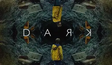 Poster art for the television series "Dark", a hidden Netflix show in 2025, featuring a boy in a yellow raincoat looking into a dark space surrounded by an arrangement of cave formations, inverted images of a person and furniture. The word "DARK" is written in white thin capital letters centrally on the poster.