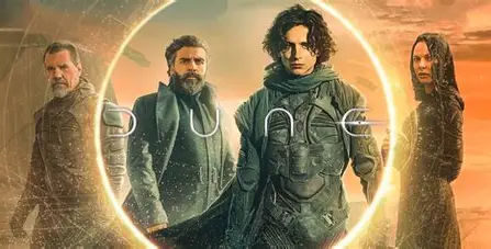 Movie poster for Dune, featuring Timothée Chalamet and other cast members against a desert backdrop, promoting it as one of the Best Movies to Watch in 2025.