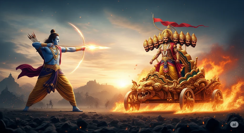 In this AI in Ramayana movie scene, Rama, depicted with blue skin, stands facing Ravana, who is riding a fiery chariot. Rama is drawing back an arrow on his bow, aiming at Ravana. Ravana, with ten heads, stands atop his chariot with a neutral expression as his chariot moves through flames.