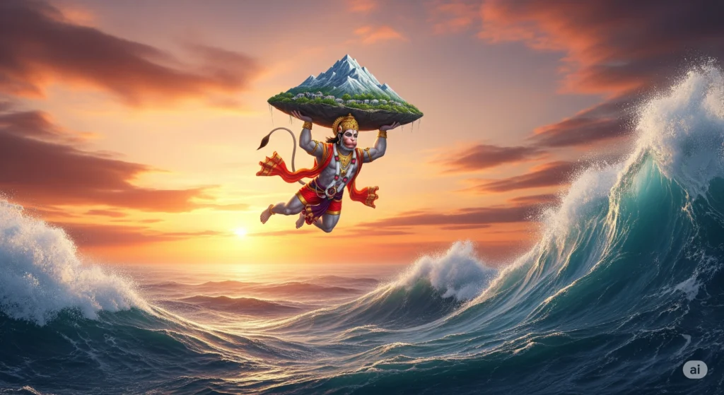 Illustration of Hanuman carrying a mountain over ocean waves, during sunset, concept for AI in Ramayana Movie. Hanuman appears muscular with gray skin, wearing traditional Hindu clothing and jewelry. He attentively holds a mountain with small buildings on top. The ocean waves are large and turbulent. The sunset features hues of orange and pink.