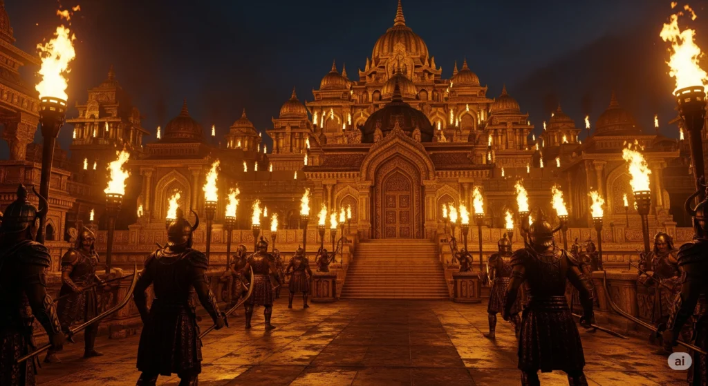 AI in Ramayana Movie depicts Lanka with golden architectural buildings under a dark blue sky, illuminated by torches lining the pathway in front of the temple and held by helmeted guards.