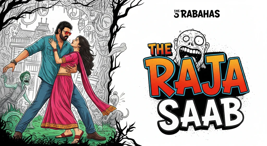 Promotional art for The Raja Saab showcasing a man with sunglasses in a button-down and jeans, embracing a woman in a pink sari, both looking affectionately at each other; in the background, a faded haunted house and a lurking zombie are visible, while on the right, the title "The Raja Saab" is written in large stylized orange and white letters next to a cartoonish zombie head
