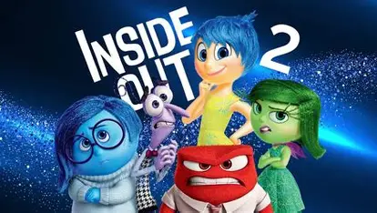 Promotional poster for "Inside Out 2" featuring Joy smiling, Sadness looking forlorn, Fear nervously glancing sideways, Anger frowning intensely, and Disgust looking disapproving.