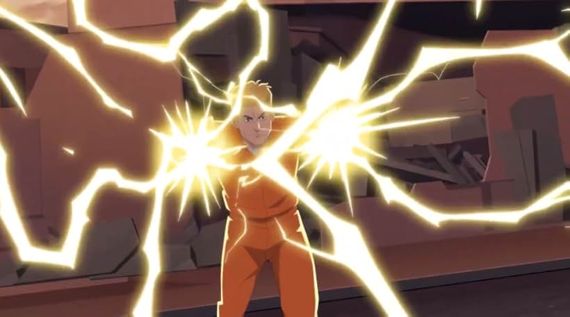 Animated character, appearing focused, discharging brilliant yellow lightning from both hands.