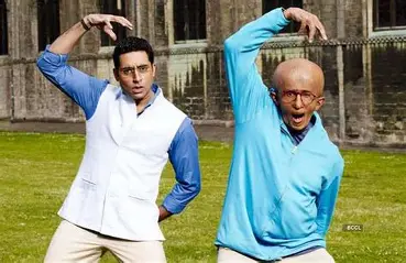 Two Bollywood actors, one in a white vest with a blue shirt and another in all blue outfit with prosthetic bald head, pose with hands raised and shocked expressions for comedy; possibly related to discussions about Bollywood piracy scandals.