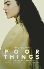 Movie poster for "Poor Things" featuring actress Emma Stone, looking sideways with a neutral expression, long dark hair, and wearing a light-colored garment.