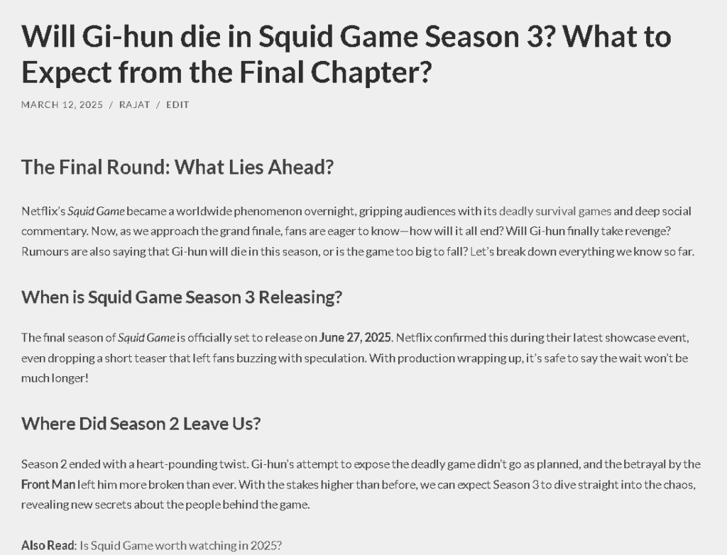 Article discussing the potential fate of Gi-hun in Squid Game Season 3 and the confirmed release date of June 27, 2025.