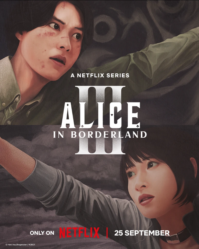 Promotional poster for the Netflix series Alice in Borderland season 3, featuring two characters looking up with serious expressions against a dark background.