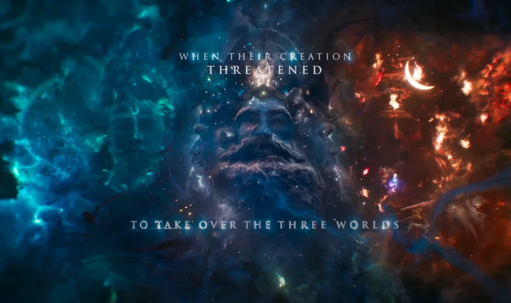 Concept art for the Ramayana Movie Namit Malhotra depicts a cosmic being's head emerging from swirling nebulae in hues of blue and orange, juxtaposed with text that reads, "WHEN THEIR CREATION THREATENED TO TAKE OVER THE THREE WORLDS."