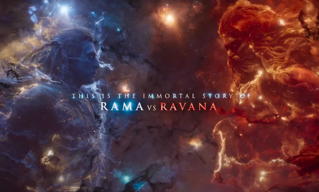 Promotional visual for the Ramayan Movie Namit Malhotra project, depicting abstract representations of Rama and Ravana in blue and red ethereal forms, respectively, against a cosmic, nebula-like backdrop. The title "THIS IS THE IMMORTAL STORY OF RAMA vs RAVANA" bridges the two figures. Ramayana 2026 film