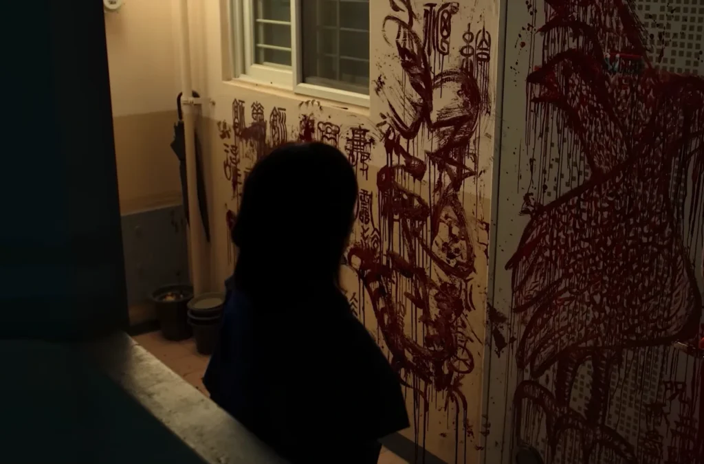 Scene from a Top 5 Korean Dramas available on Netflix in 2025: A person stands silhouetted against a dimly lit interior wall scrawled with symbols and splattered with what appears to be dark red fluid. The ominous imagery suggests a horror or crime theme.