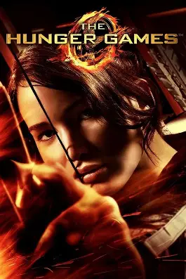 Movie poster for The Hunger Games featuring a woman holding a bow and arrow with fire and the title above. She has a determined expression.
