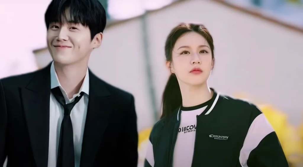 A man wearing a black suit with a tie displays a faint smile, positioned alongside a woman in a black and white casual jacket, against a blurred background, for "Top 5 Must-Watch K-Dramas on Netflix in 2025."
