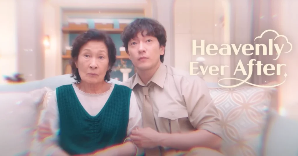 A medium shot of two Korean actors alongside the title "Heavenly Ever After," promoting Top 5 Must-Watch K-Dramas on Netflix in 2025 an older woman with short hair and a neutral expression sits beside a younger man with a slightly concerned expression, sitting together on a white couch.
