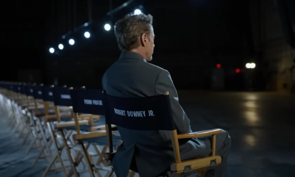 Robert Downey Jr., a member of the "Avengers: Doomsday Cast," is viewed from behind, seated in a director's chair labeled with his name, amidst a row of similar chairs bearing other actors' names on a dimly lit sound stage.
