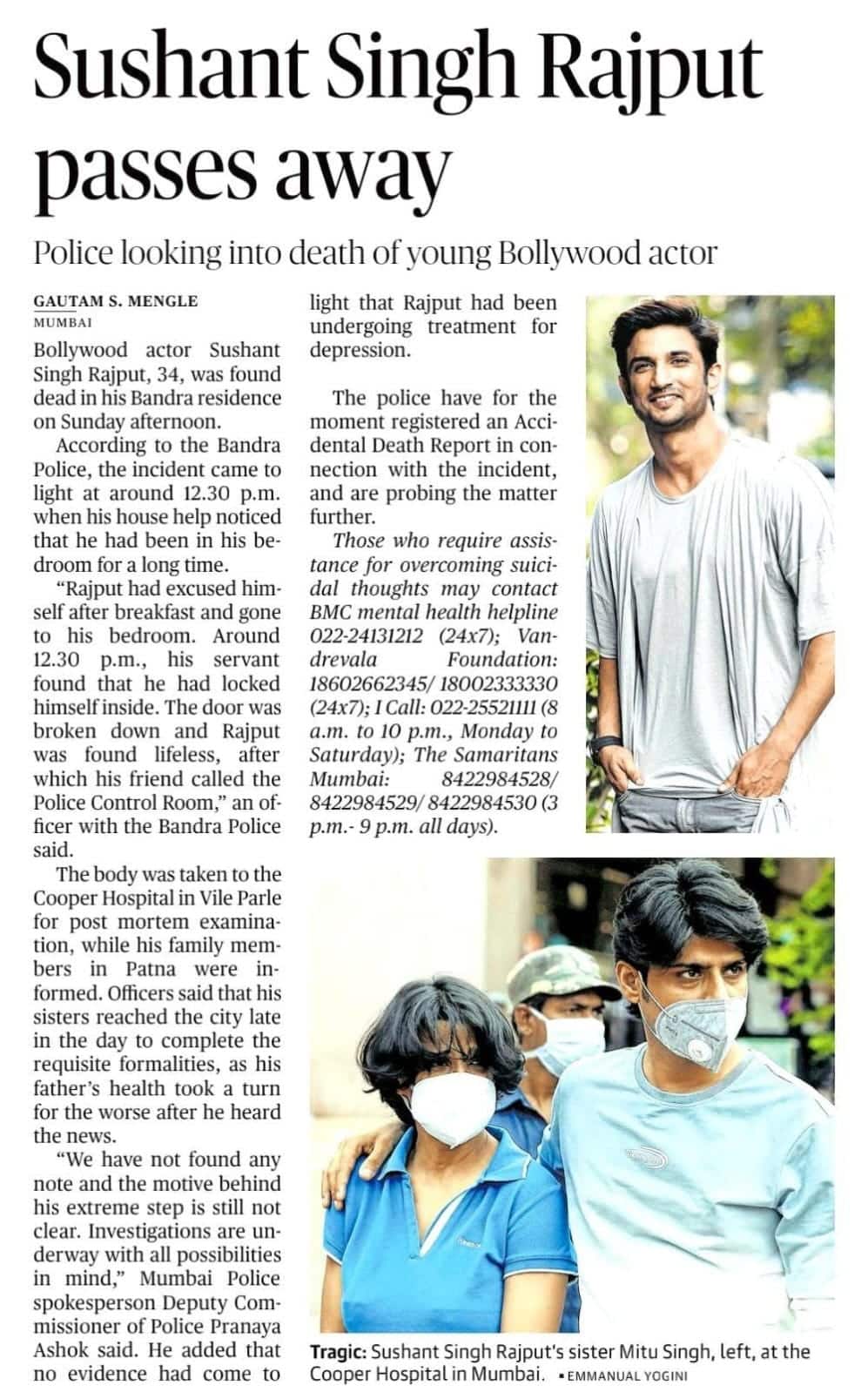 A newspaper clipping titled 'Sushant Singh Rajput passes away' featuring a photo of the actor and a lower photo of his sister Mitu Singh outside the hospital in Mumbai.