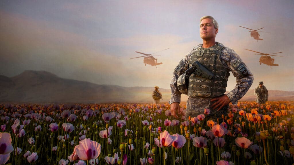 A cinematic wide shot of Brad Pitt in military uniform standing in a field of poppies with transport helicopters flying in a sunset sky.